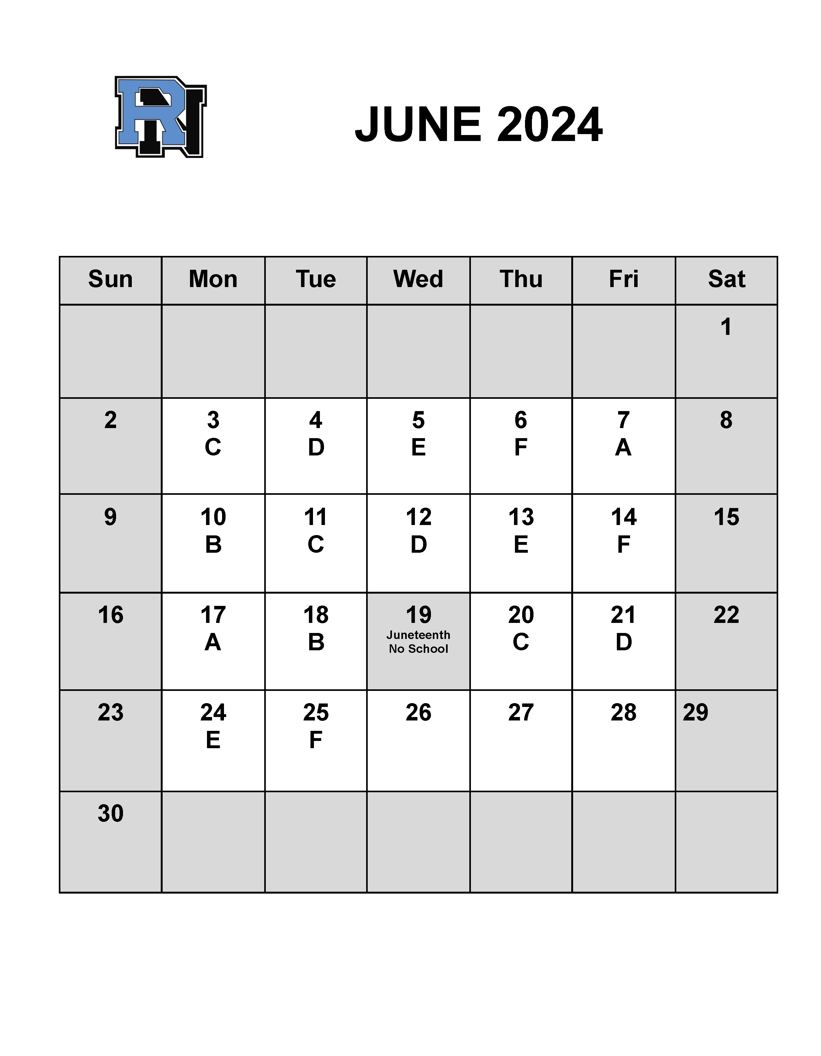 June Letter Day Calendar